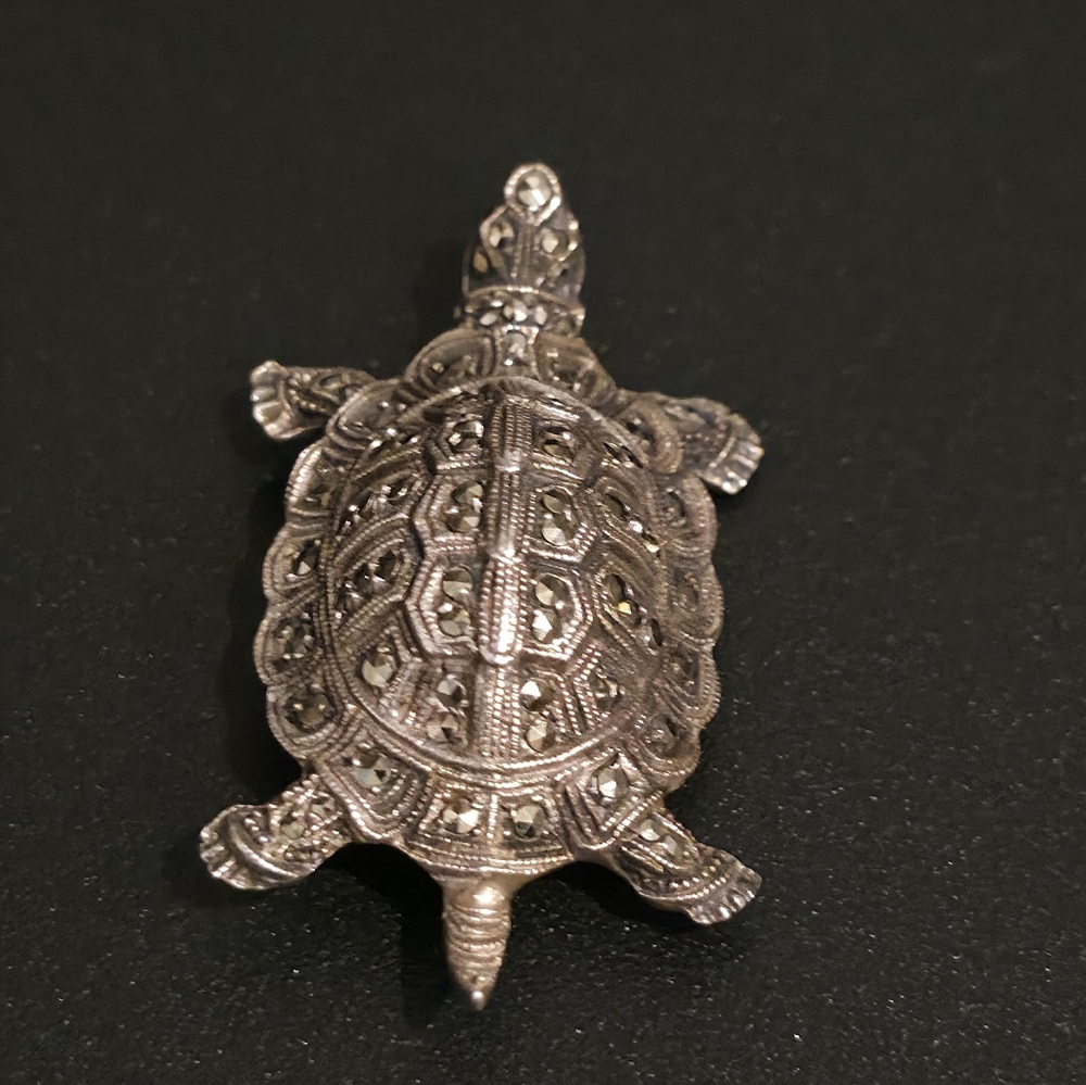 Vintage 835 Silver Marcasite Turtle Brooch Pin - Picture 3 of 7
